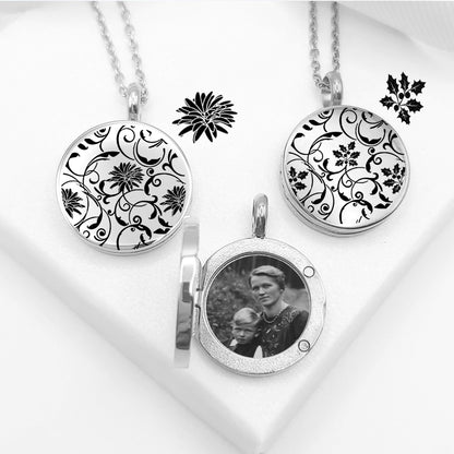 Custom engraved locket with birth flower for woman.