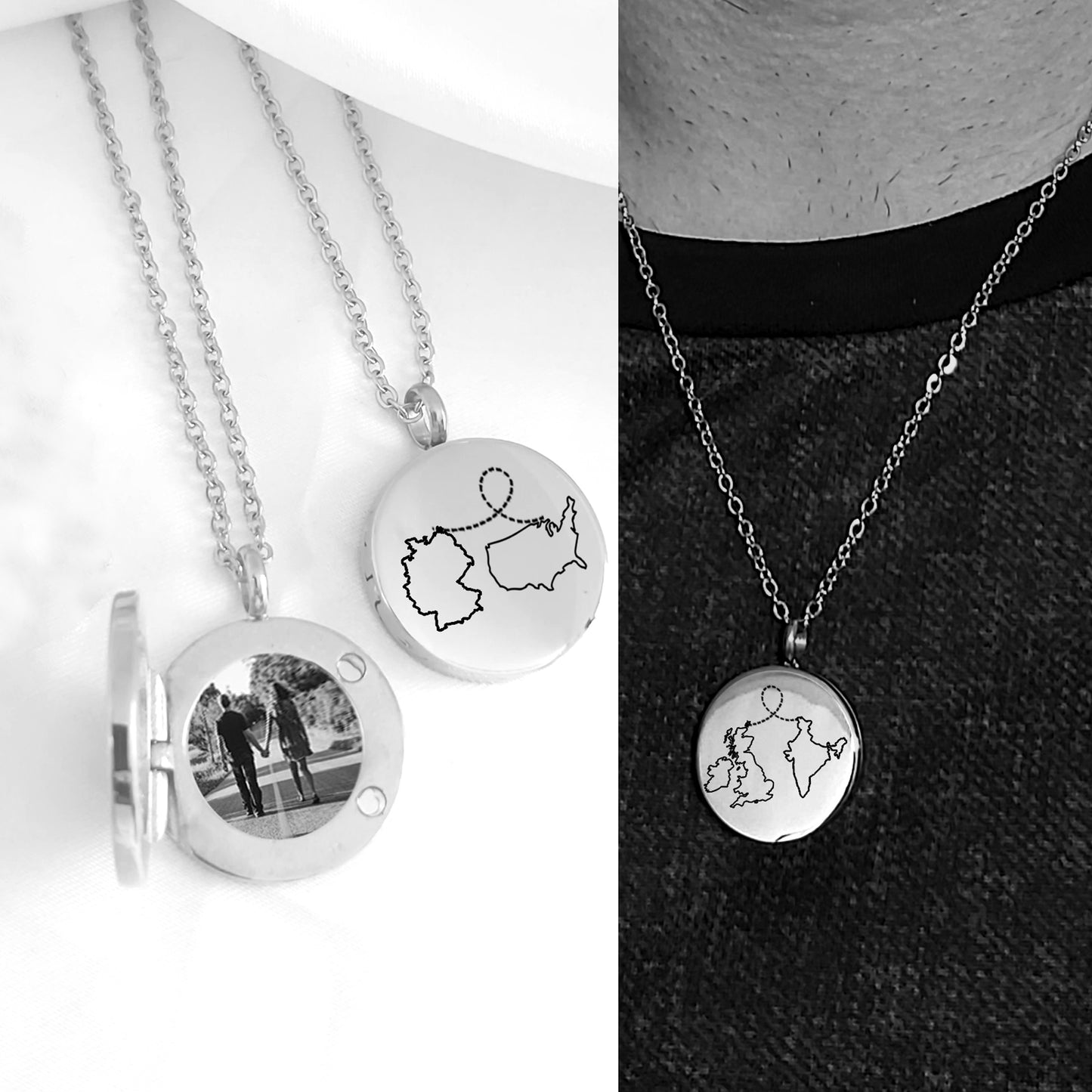 Two country map locket with photos.