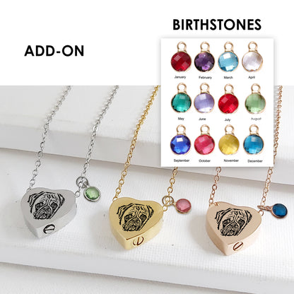 Pet portrait cremation heart urn necklace for ashes.