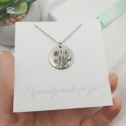 Custom birth flower bouquet necklace for mom.