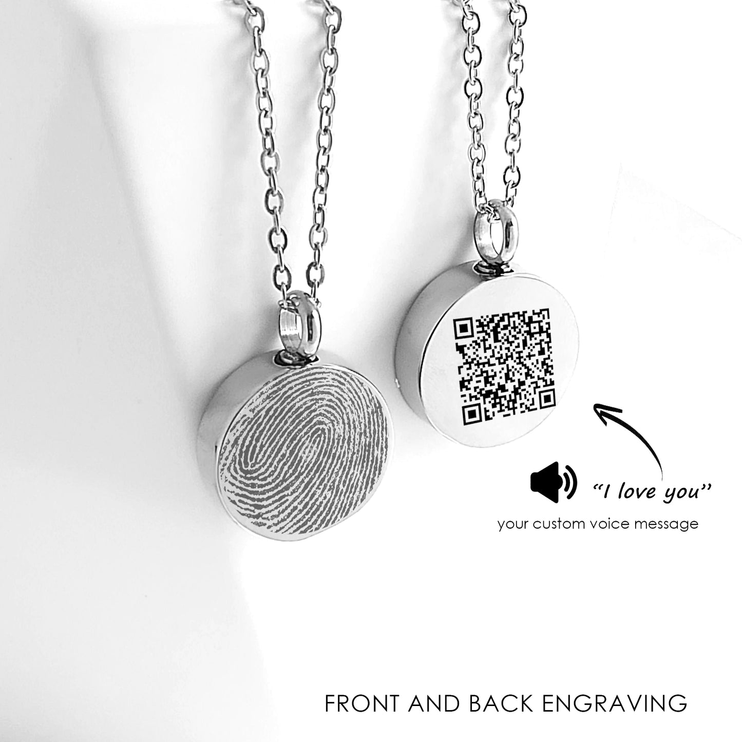 Fingerprint Urn Necklace for Ashes – Custom Memorial Necklace, Engraved Keepsake with Handwriting or Voice QR