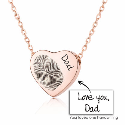 Heart urn necklace for ashes, engraved with custom fingerprint and handwriting
