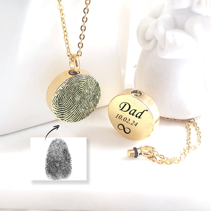 Actual thumbprint urn necklace for human ashes.