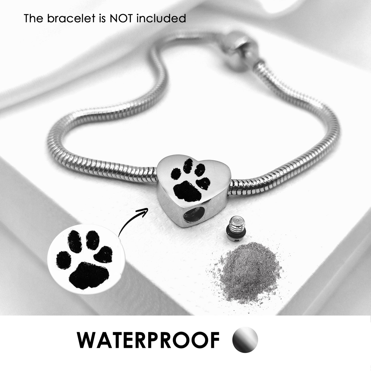 Your pet paw print heart urn charm for bracelet for ashes.