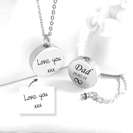 Custom handwriting urn necklace for human ashes.