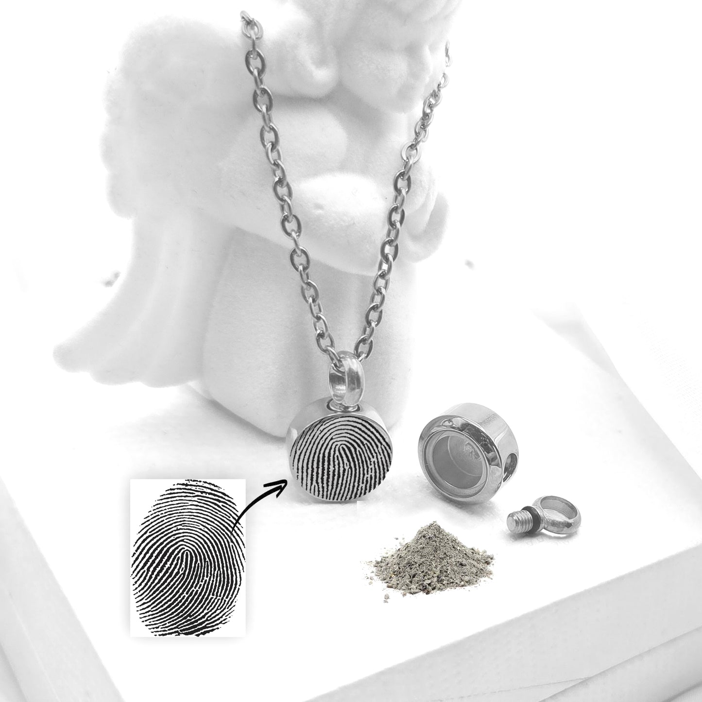 Memorial thumbprint urn necklace for human ashes.