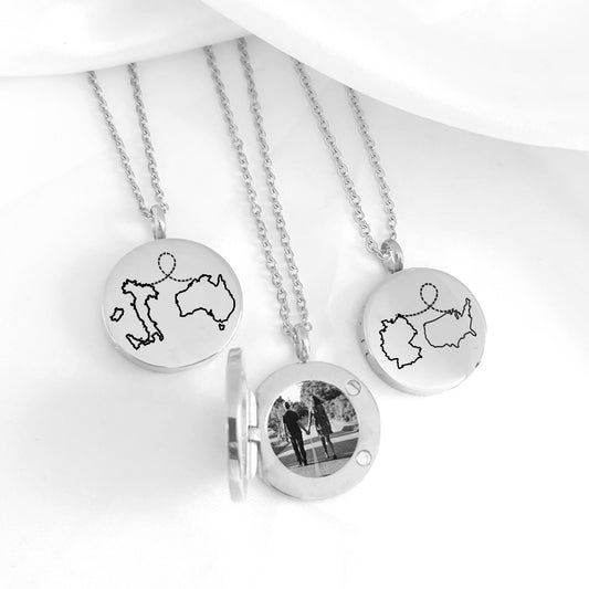 Two country map locket with photos for her and him