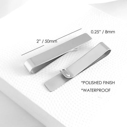 Personalized stainless steel tie clip, laser engraved with a name, date or message.