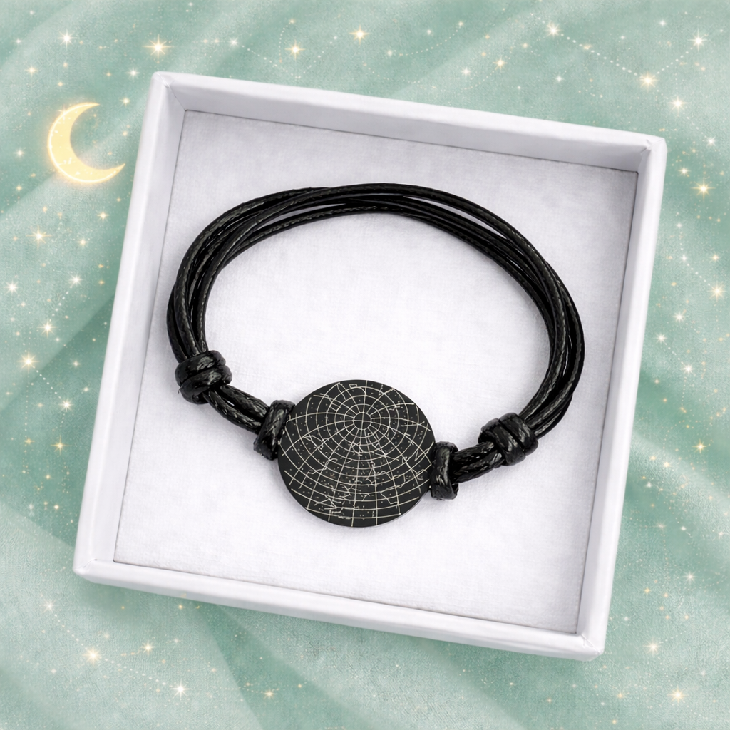 Black cord bracelet with adjustable knots displayed inside a white jewelry gift box, featuring a round engraved star map bracelet. The minimalist keepsake rests on a soft cushion against a mint green background with stars and moon accents. Personalized constellation bracelet, couples gift, “written in the stars” jewelry, meaningful anniversary or long distance relationship keepsake.