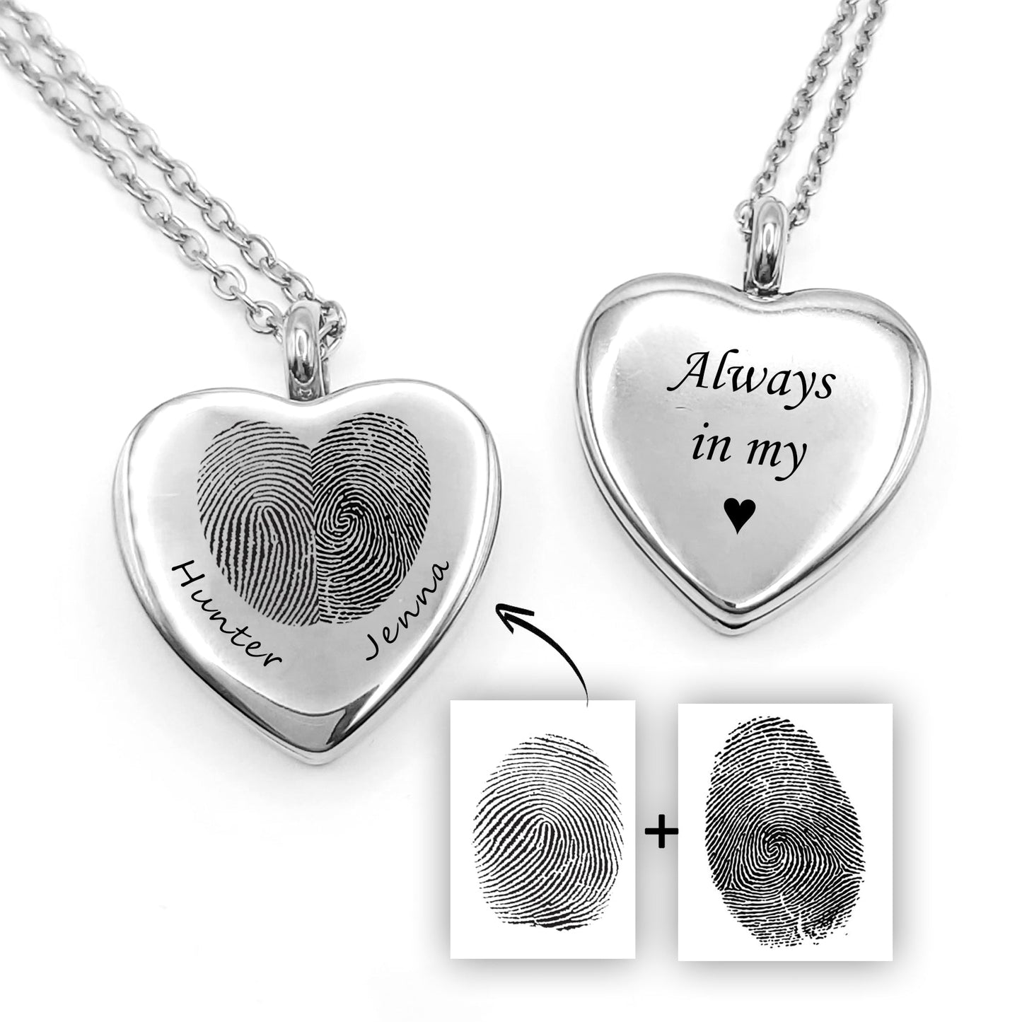 Close-up image of a silver heart locket engraved with two fingerprints forming a heart and personalized names, shown with front and back engraving options. Includes individual fingerprint samples and text engraving, representing a custom couples fingerprint necklace.