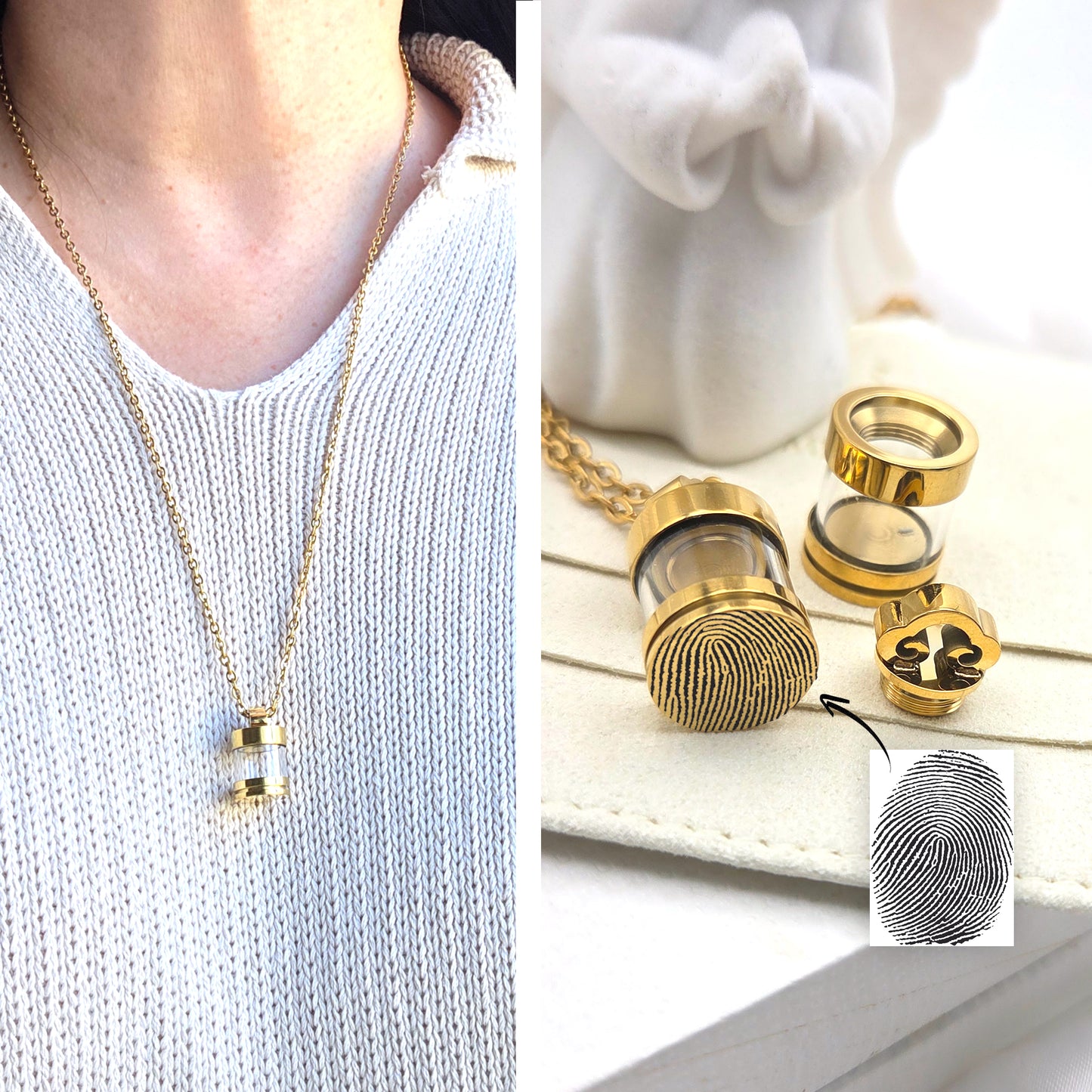 Memorial thumbprint glass urn necklace for human ashes.