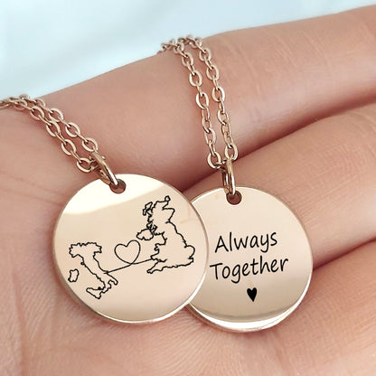 Custom Two Maps Necklace – Long Distance Love Pendant, Always Together Engraved Jewelry