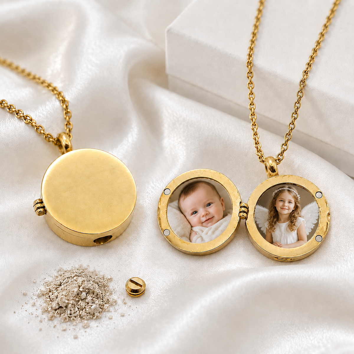 Two round gold-tone photo urn lockets on white satin. One locket is closed with a smooth blank front, while the other is open and displays two circular child photos. Gold chains, a small screw cap and a symbolic amount of ashes are also visible.