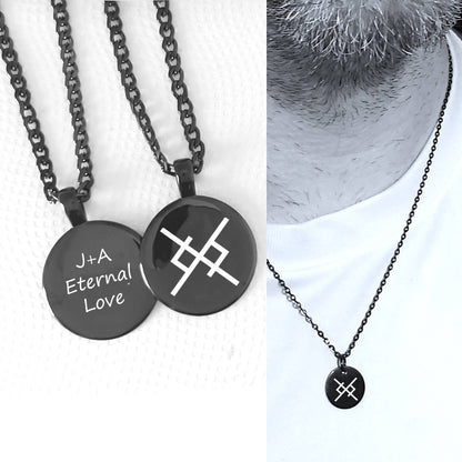 Black necklaces with circular pendants featuring viking love symbol and text, one worn by a person.