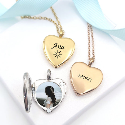 Personalized heart locket with photos engraved with names