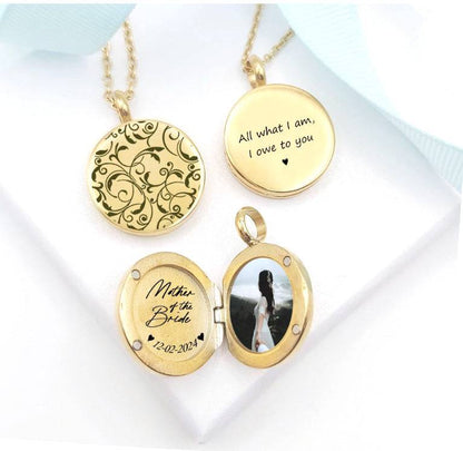Gold necklaces with engraved messages on a white background