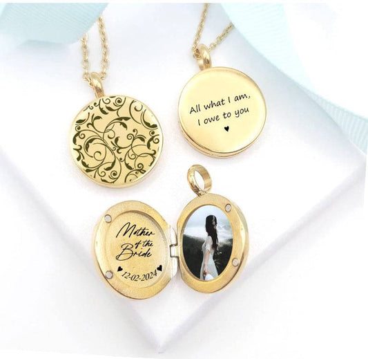 Gold necklaces with engraved messages on a white background
