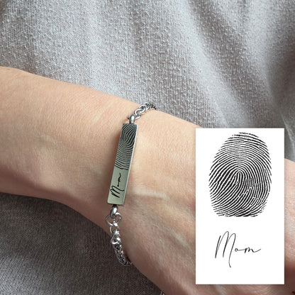Handwriting and thumbprint bar urn bracelet for ashes.